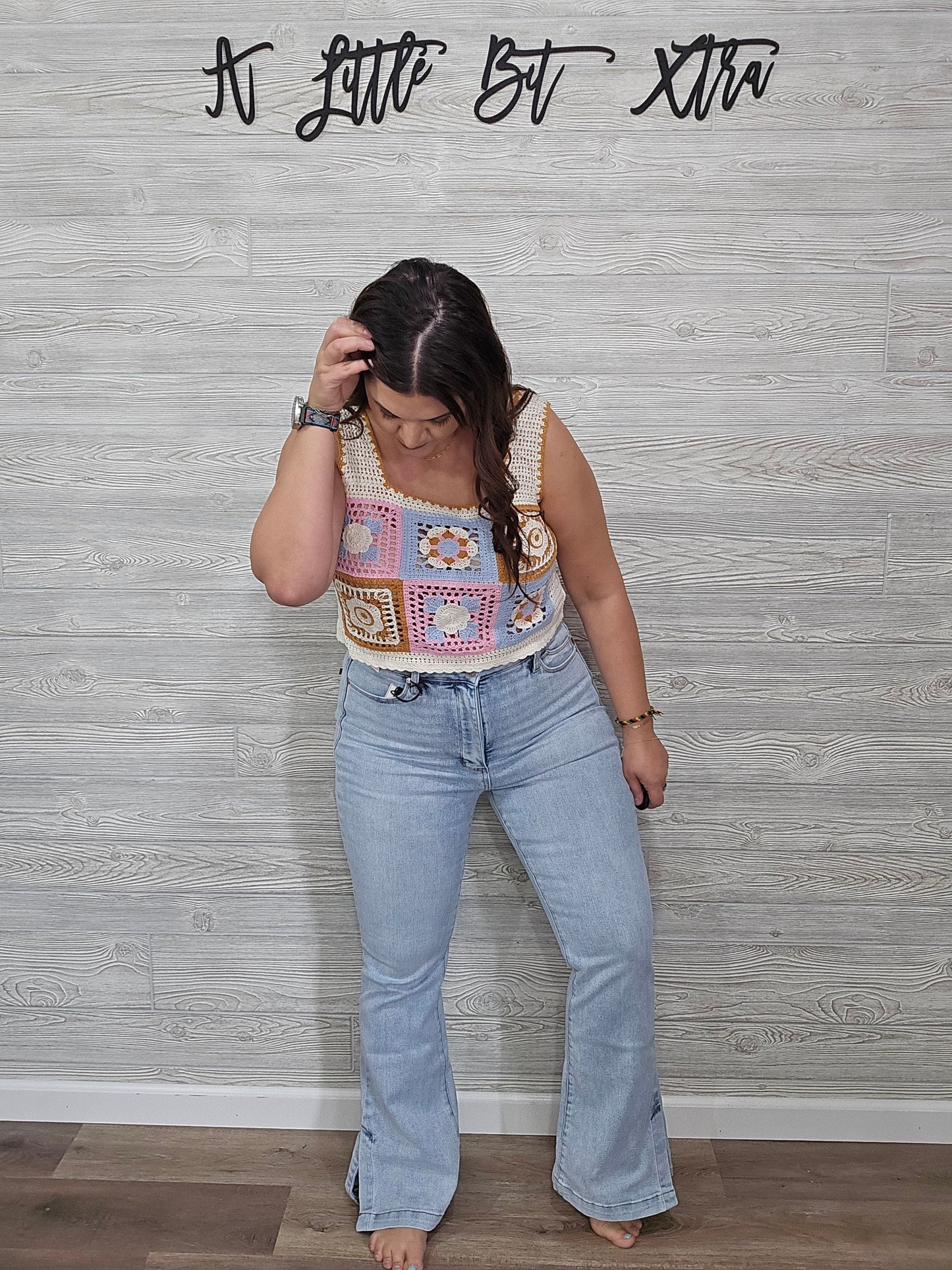 Summer Floral Mosaic Embroidered Crochet Top: Pink Combo