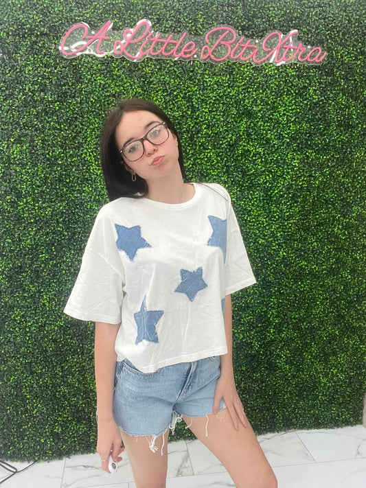 White Cropped Denim Star Tee