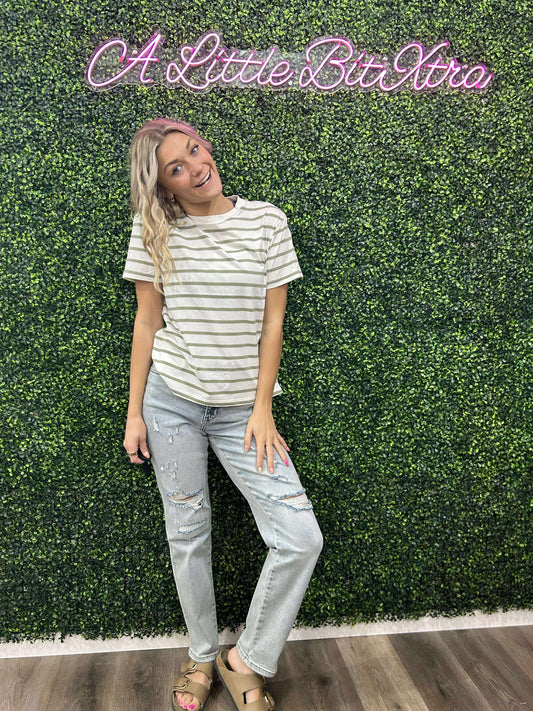 Short Sleeve Crew Neck Sage Stripe Oversize T-Shirt