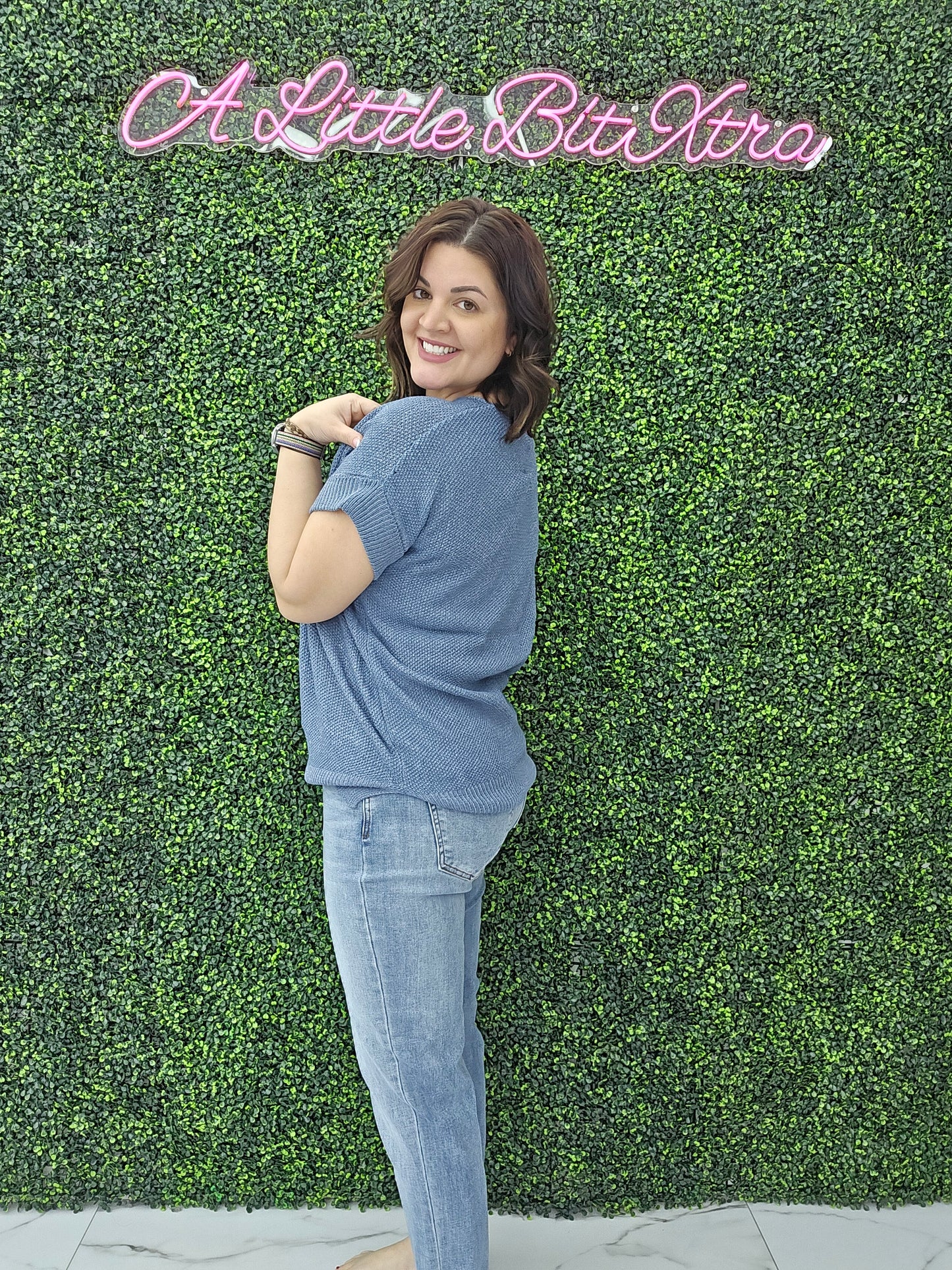 BOXY CHUNKY KNIT SHORT SLEEVE SWEATER DUSTY BLUE
