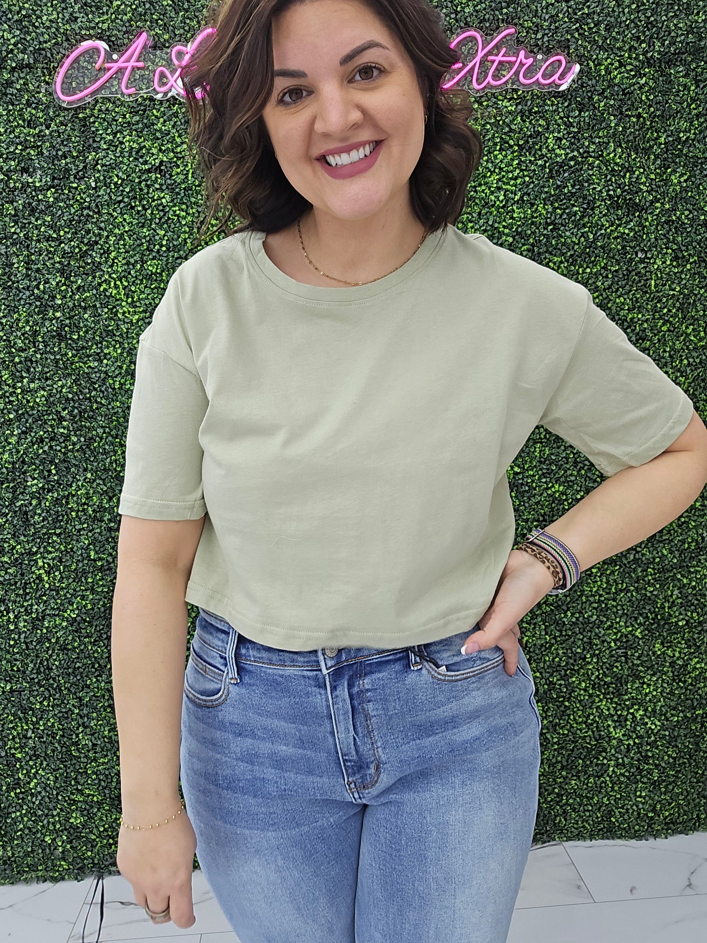 Crew Neck Oversized Crop Tee Sage Green