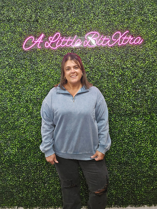 Blue Grey Acid Wash Half Zip Pullover