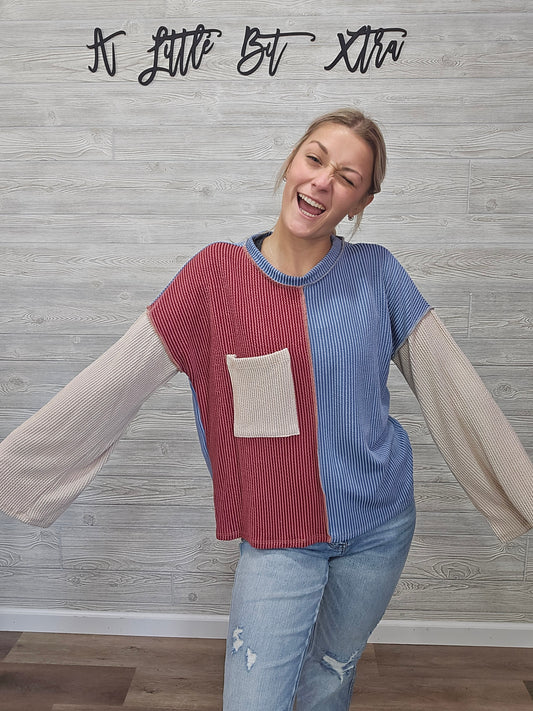 WINE & DENIM COLOR BLOCK TOP