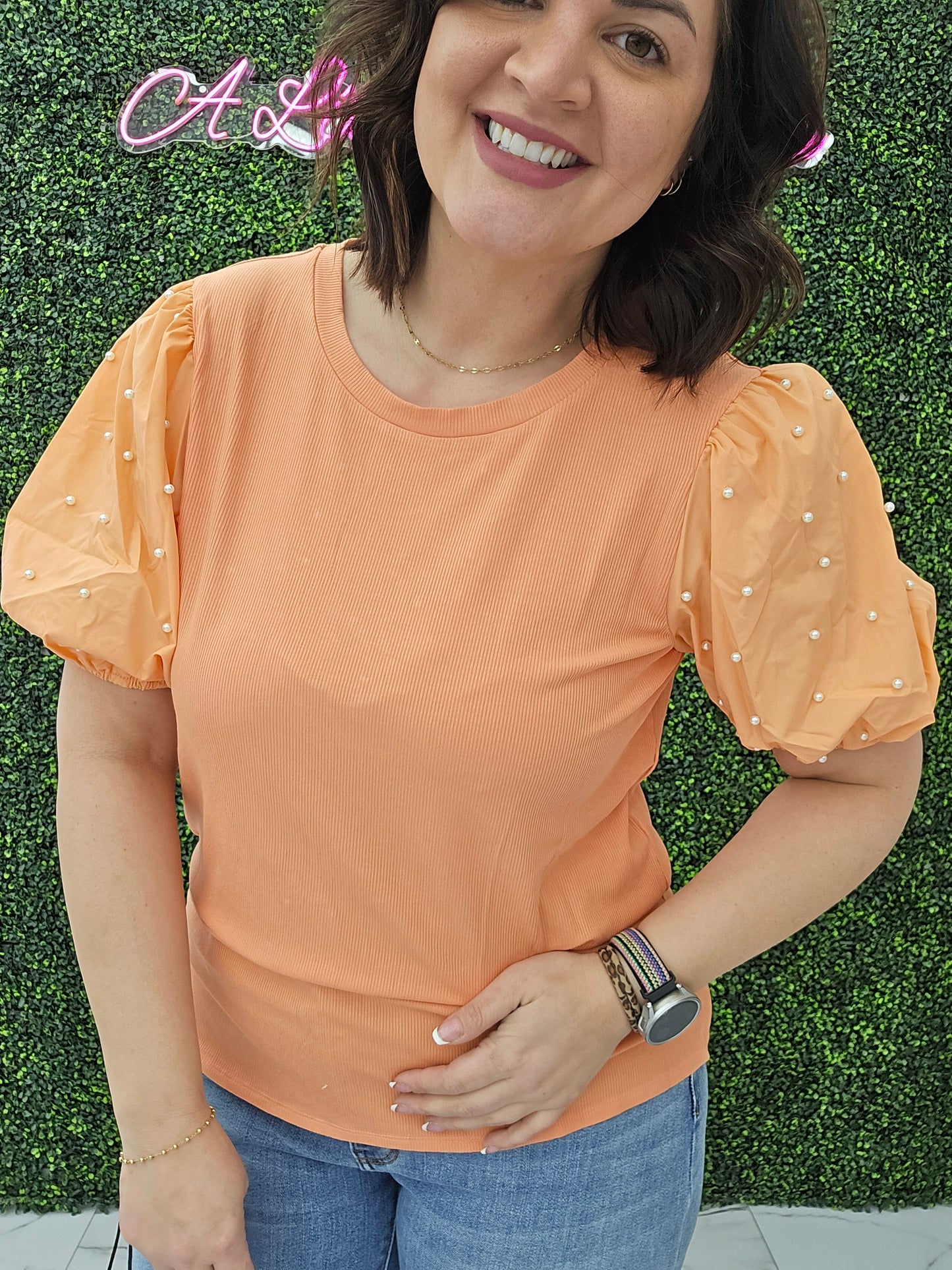 Pearl Beaded Puff Sleeve Top