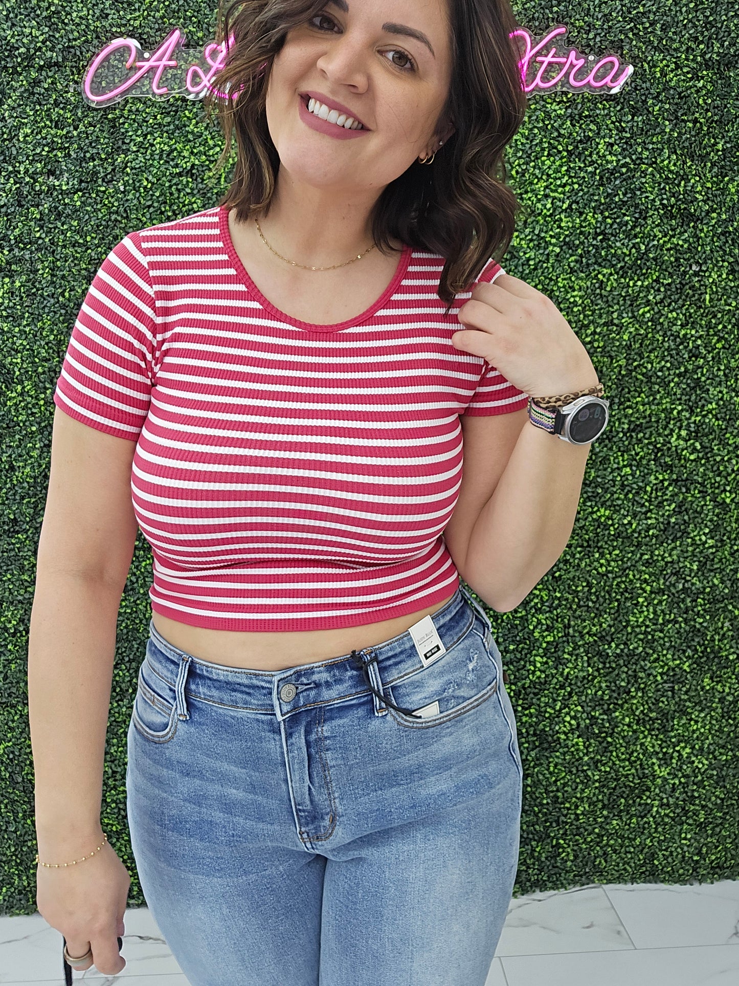 Crew Neck Stripe Seamless Rib Tee Magenta