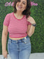 Crew Neck Stripe Seamless Rib Tee Magenta