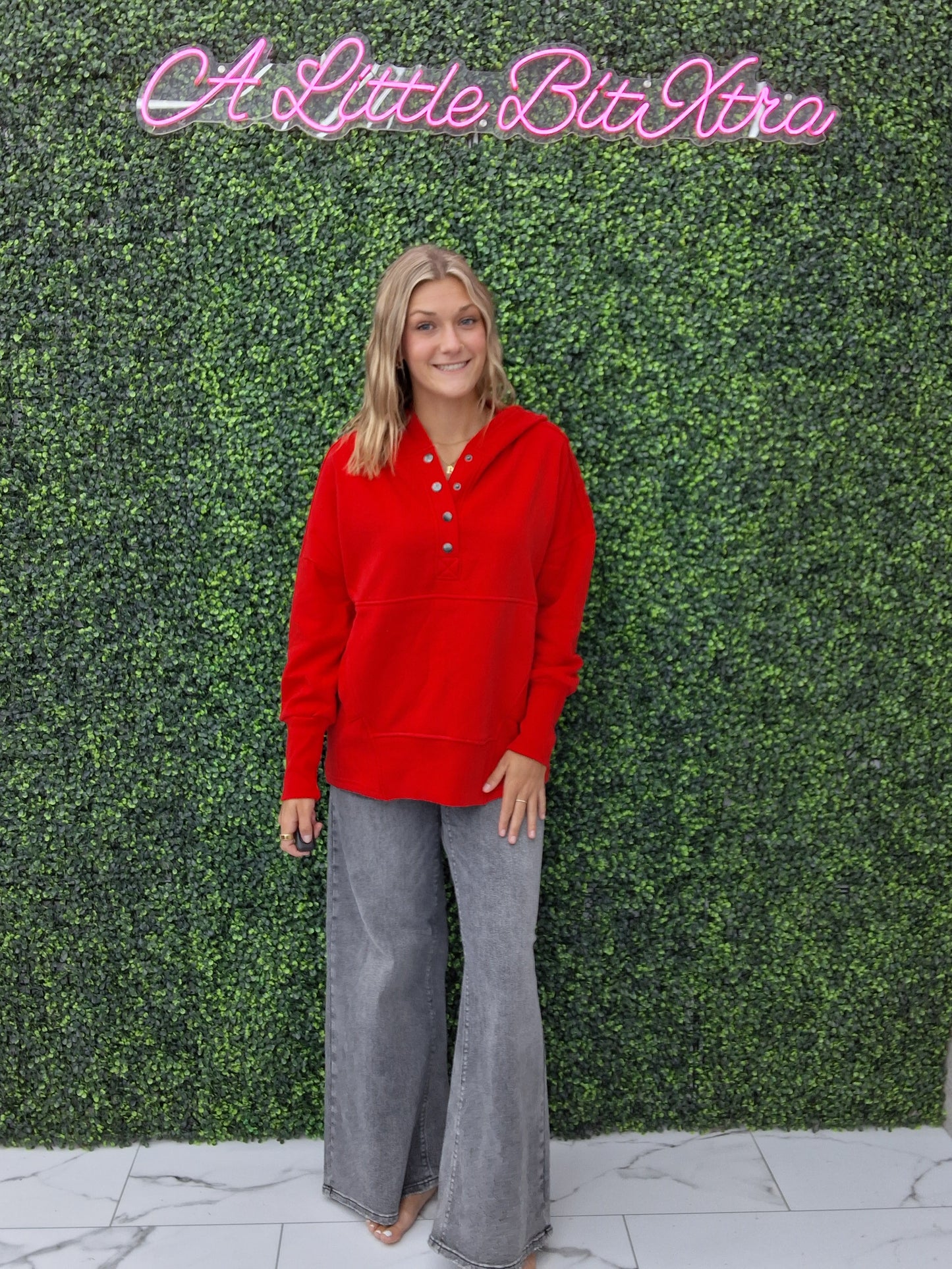 Fleece Half Snap Button Hoodie- Ruby