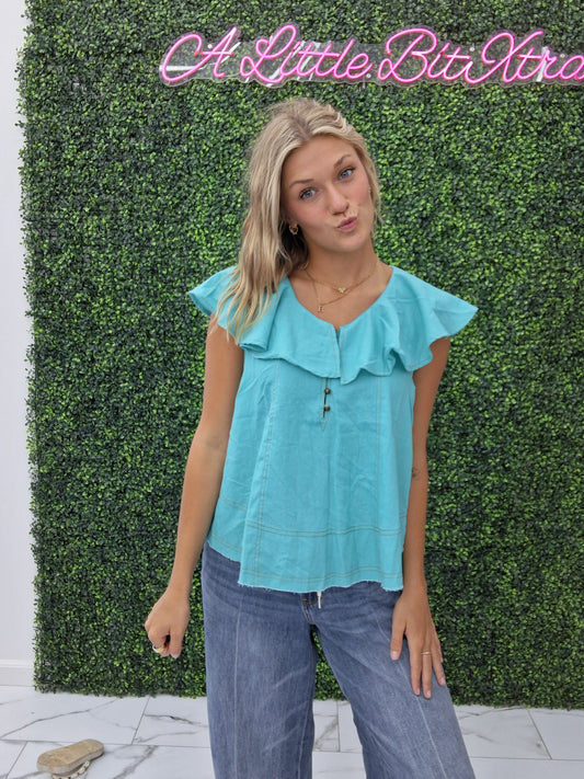 Linen Top Ruffle Collar Turquoise