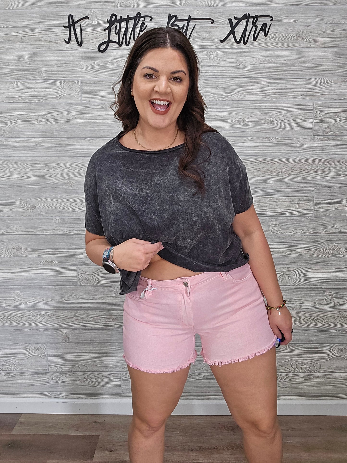 Z Pink Acid Wash Frayed Cutoff Hem Shorts
