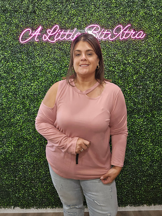 Mauve Round Neck Cold Shoulder Knit Top