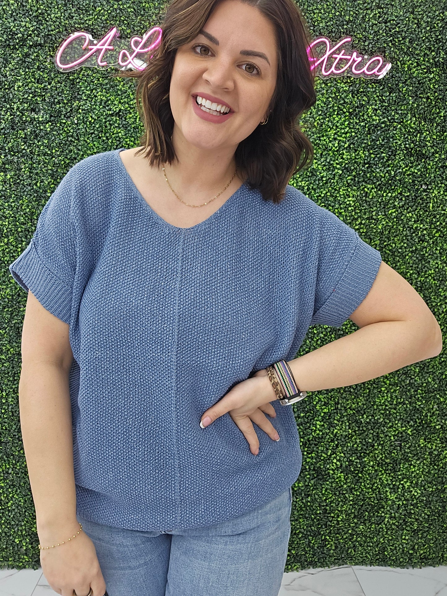 BOXY CHUNKY KNIT SHORT SLEEVE SWEATER DUSTY BLUE