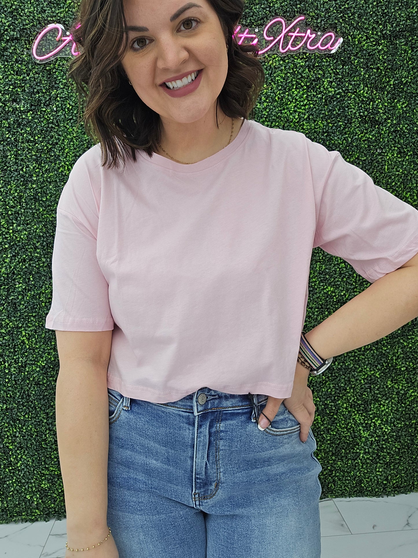 Crew Neck Oversized Crop Tee Pink