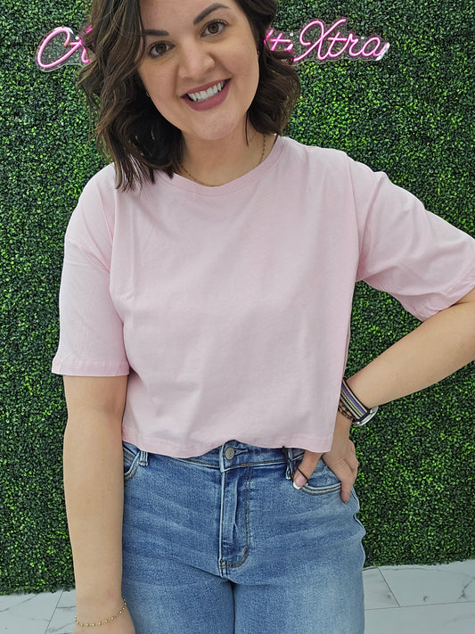 Crew Neck Oversized Crop Tee Pink