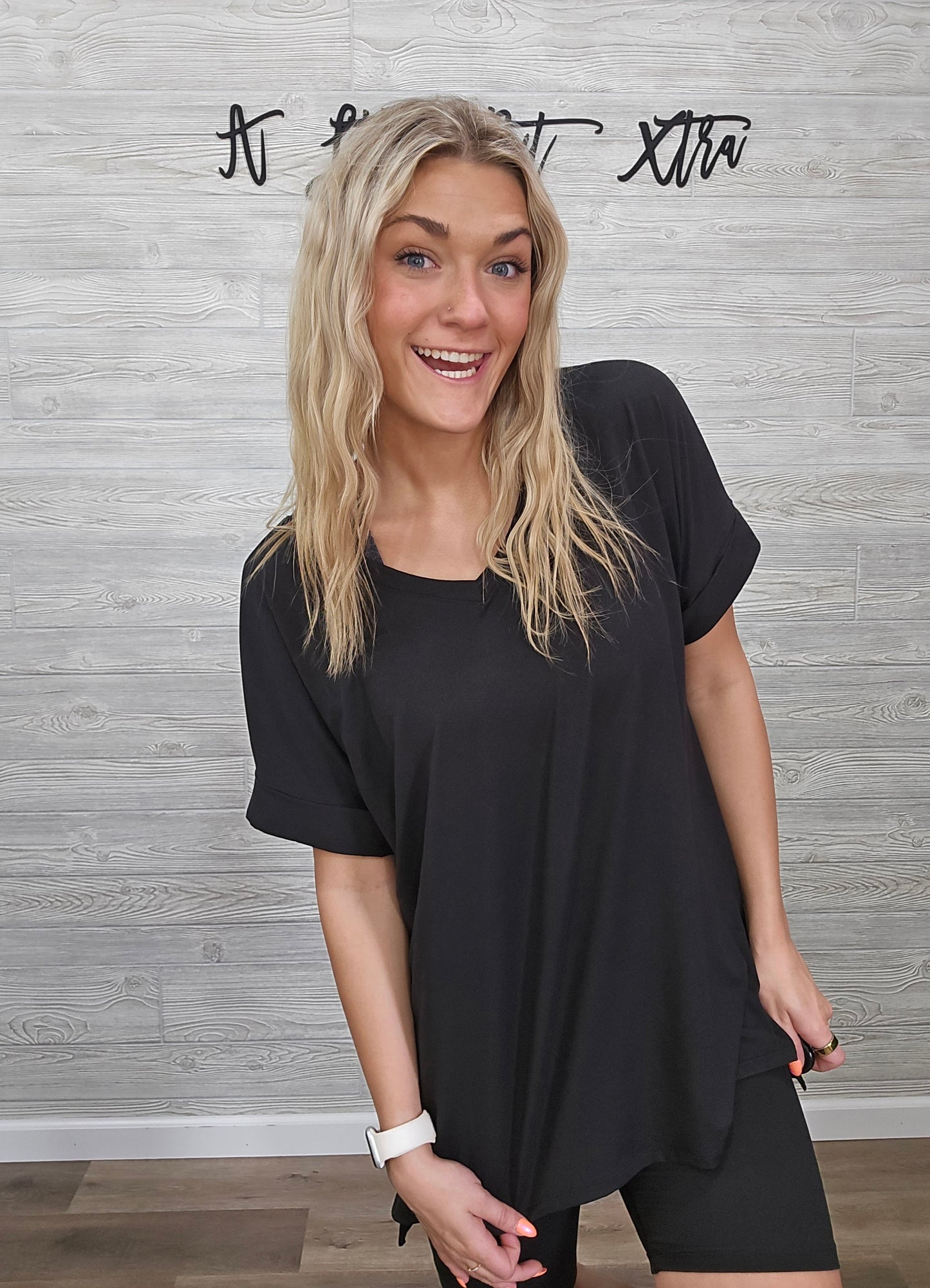 BLACK MICROFIBER V-NECK TOP & BIKER SHORTS