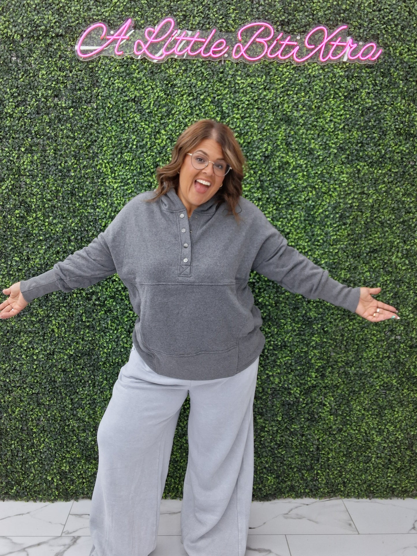 Fleece Half Snap Button Hoodie- Grey