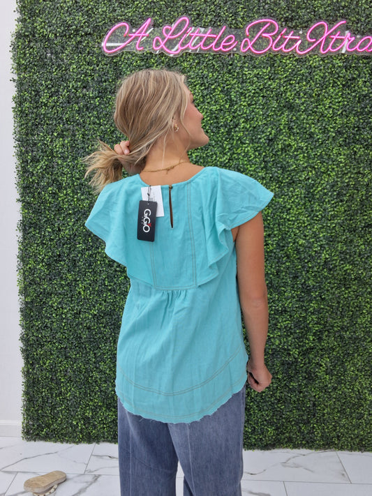 Linen Top Ruffle Collar Turquoise