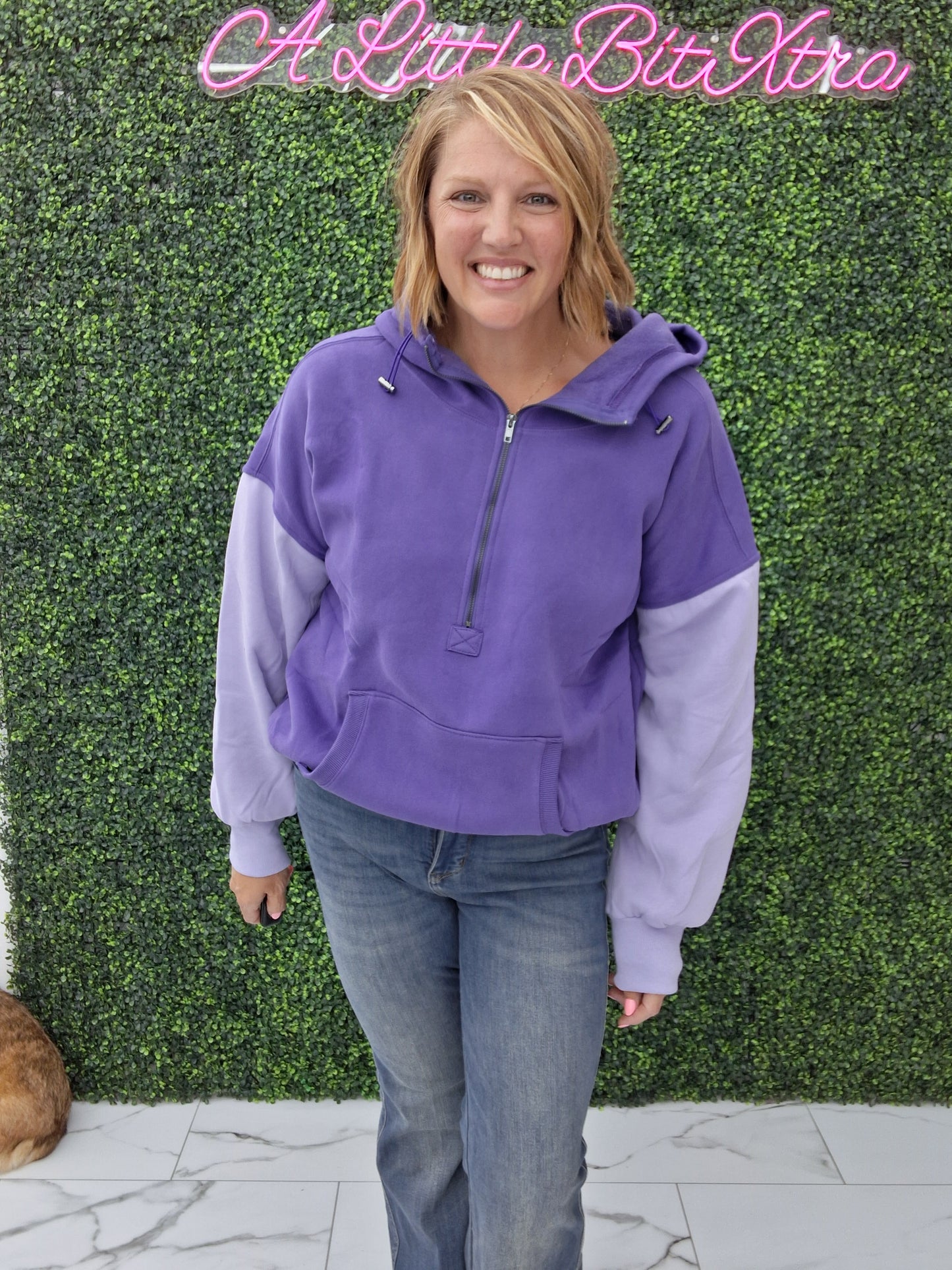 ELASTIC HEM FLEECE HOODIE: PERIWINKLE