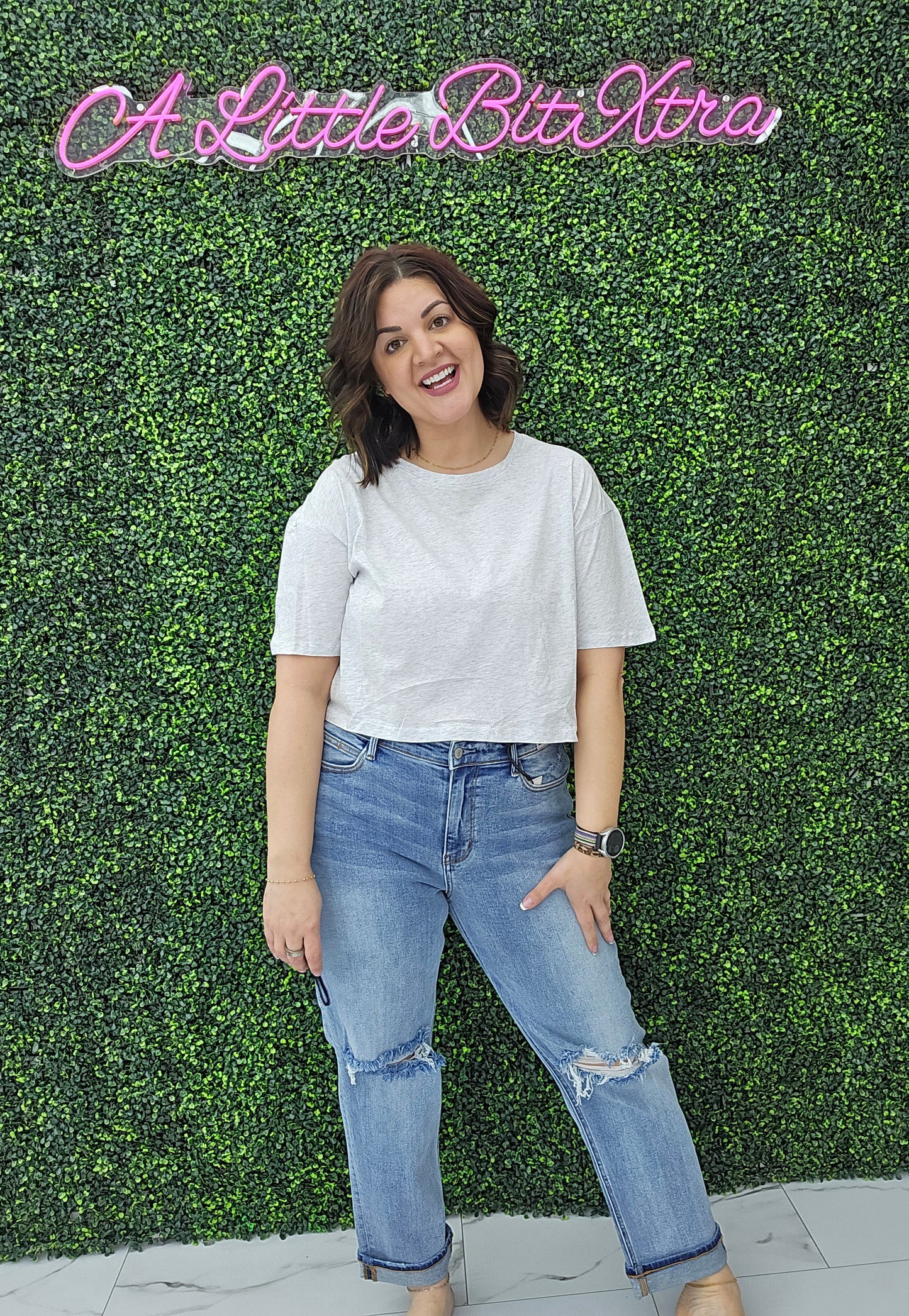 Crew Neck Oversized Crop Tee Grey Marl