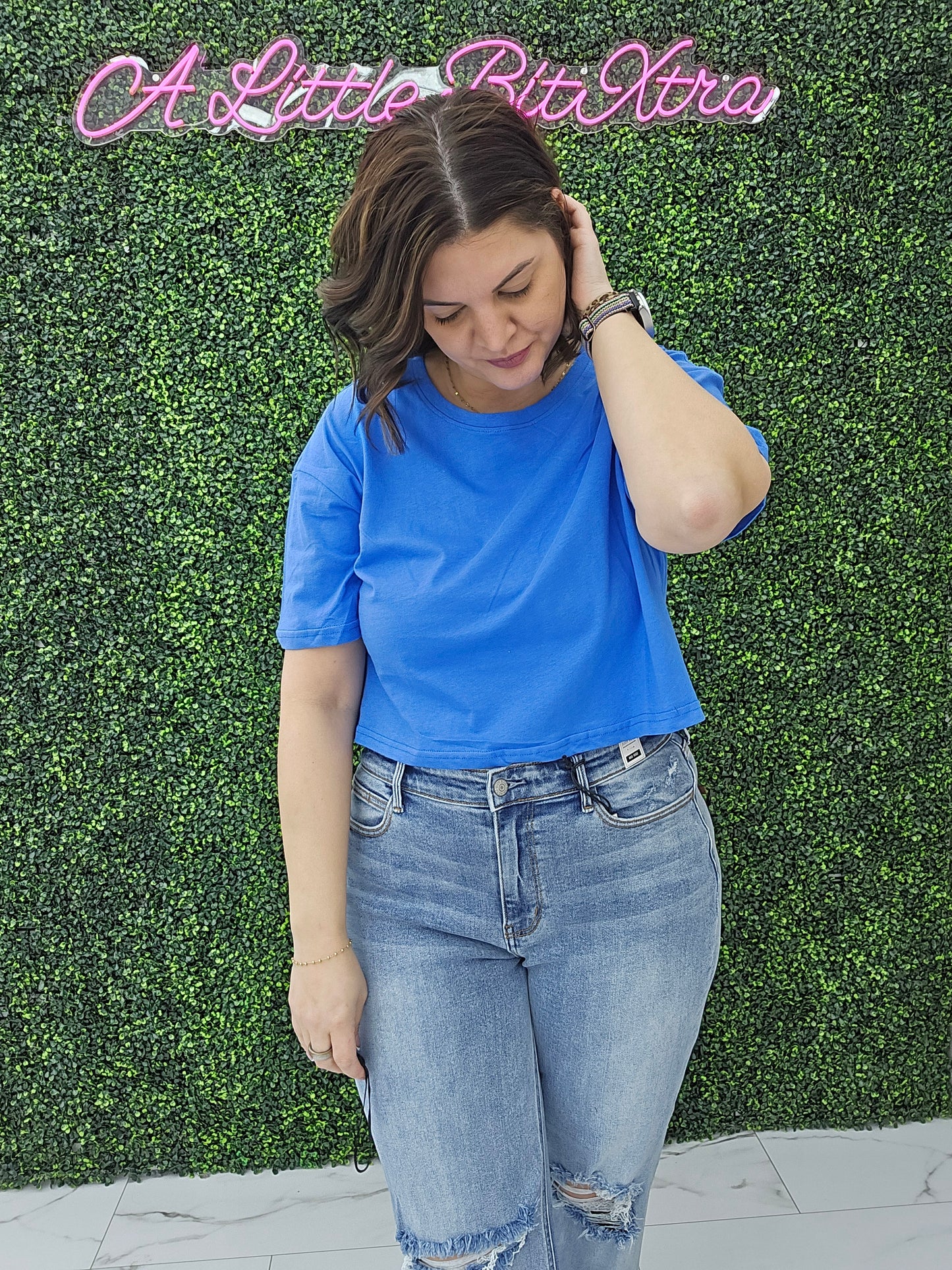 Crew Neck Oversized Crop Tee Blue