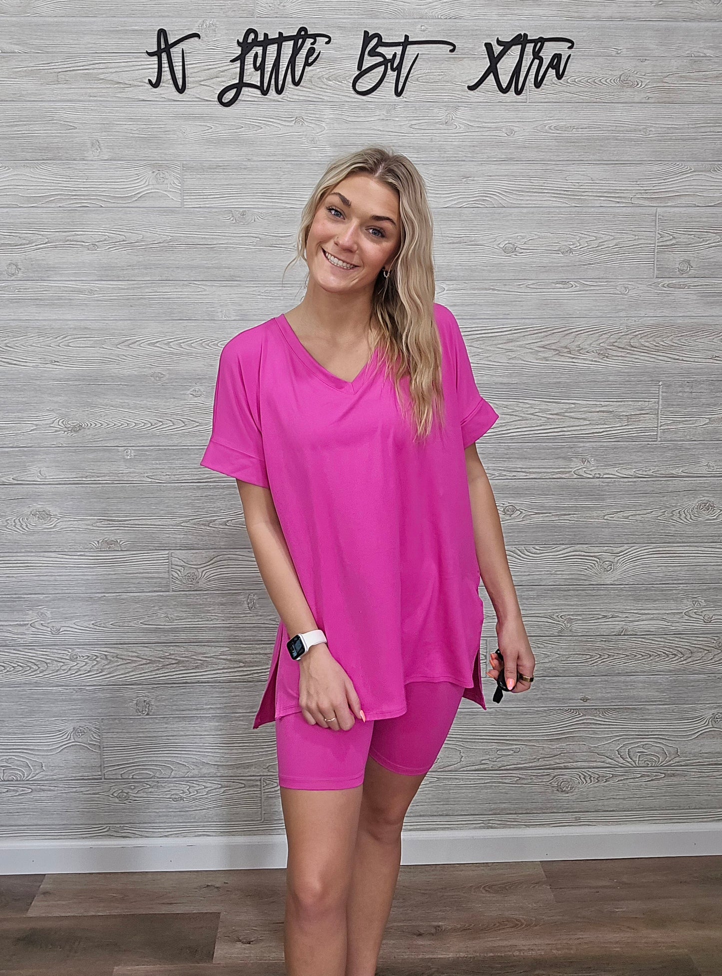 NEON PINK MICROFIBER V-NECK TOP & BIKER SHORTS