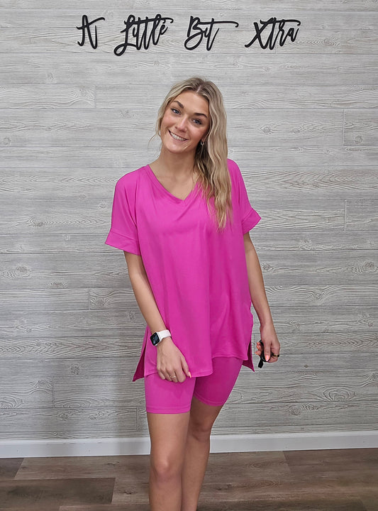 NEON PINK MICROFIBER V-NECK TOP & BIKER SHORTS