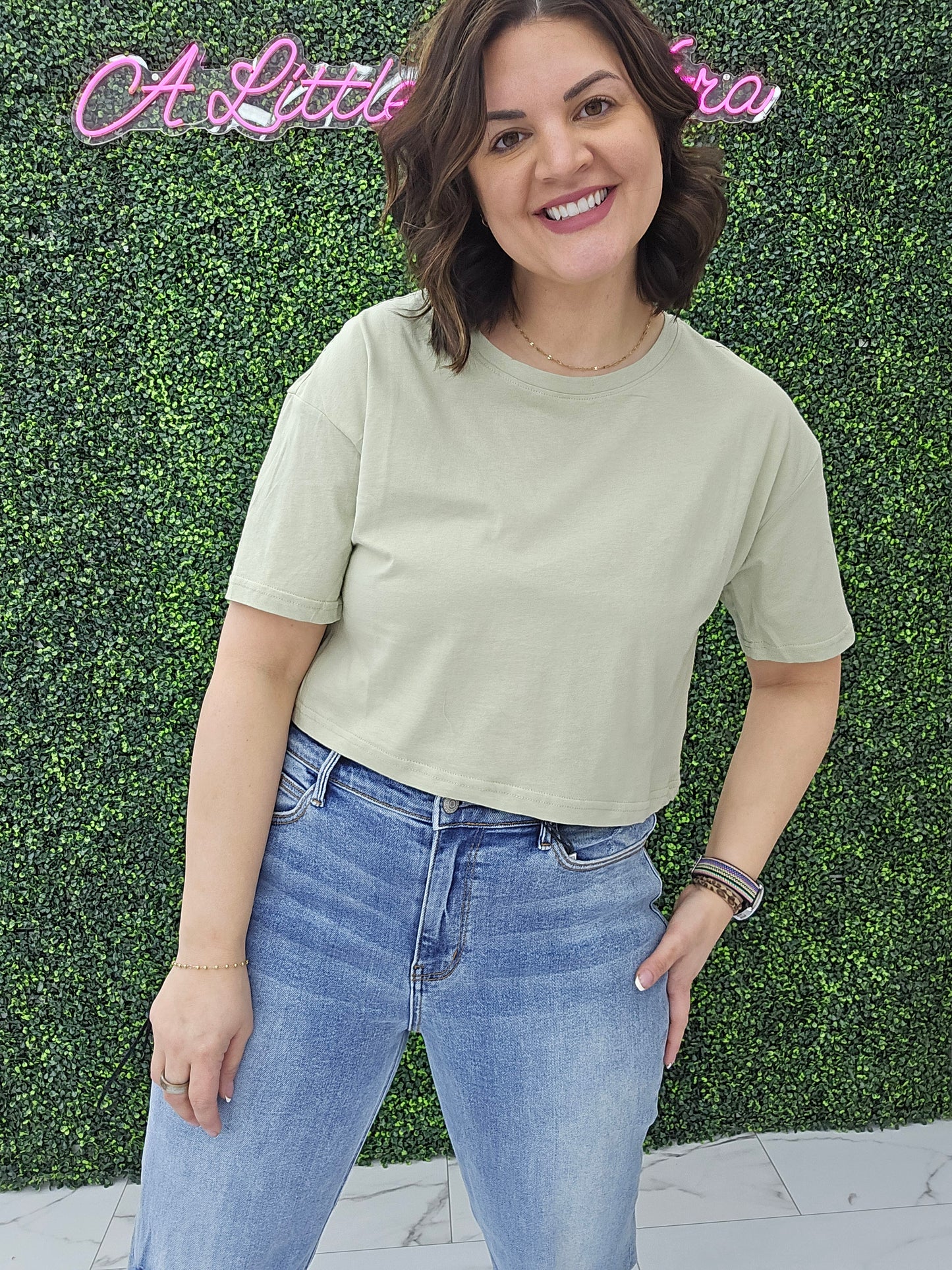 Crew Neck Oversized Crop Tee Sage Green