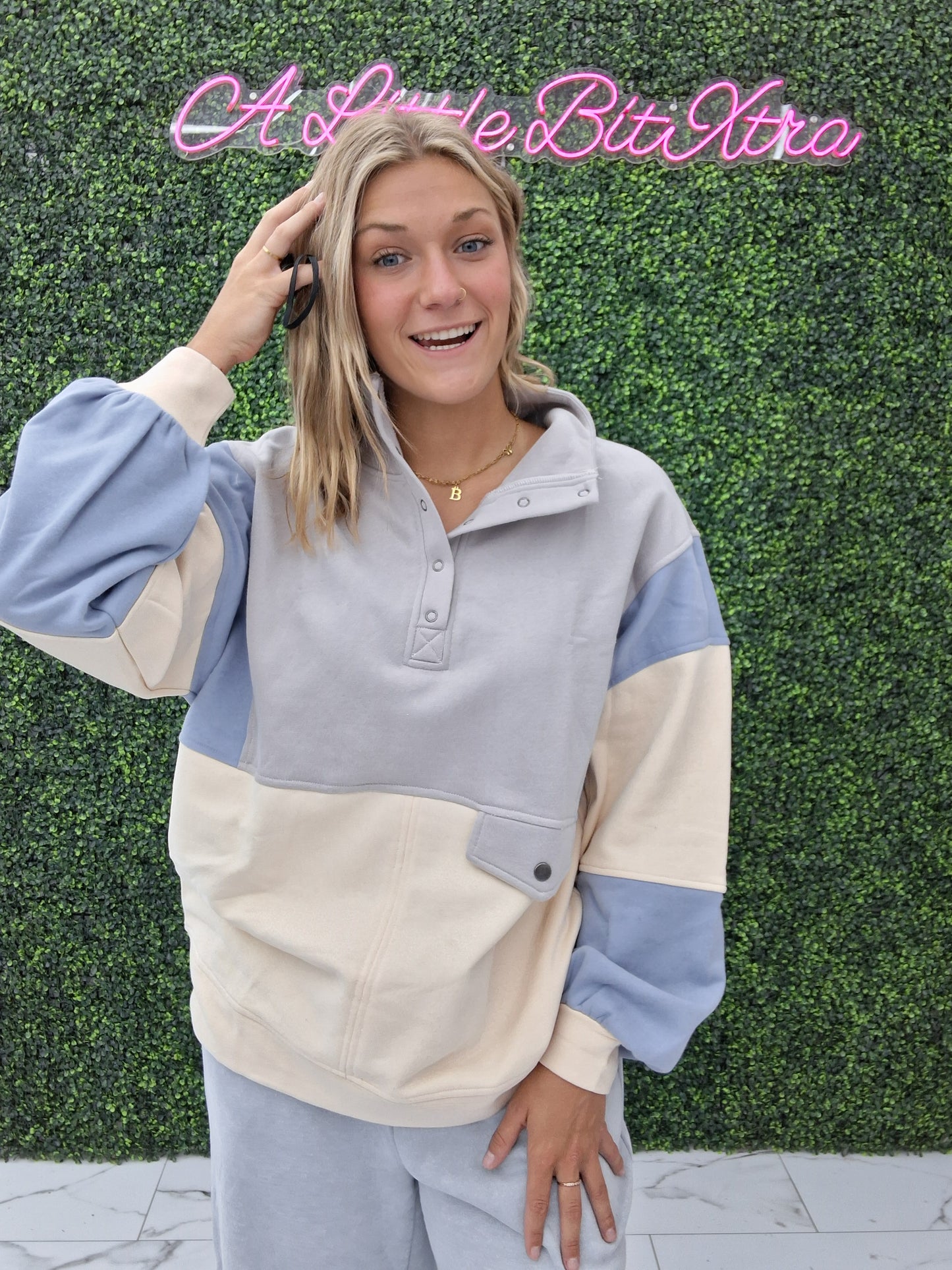 Grey Color Block Button Up Sweatshirt
