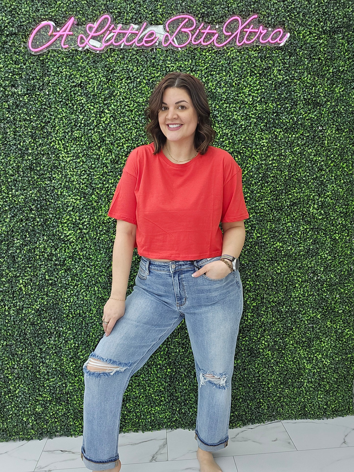 Crew Neck Oversized Crop Tee Red