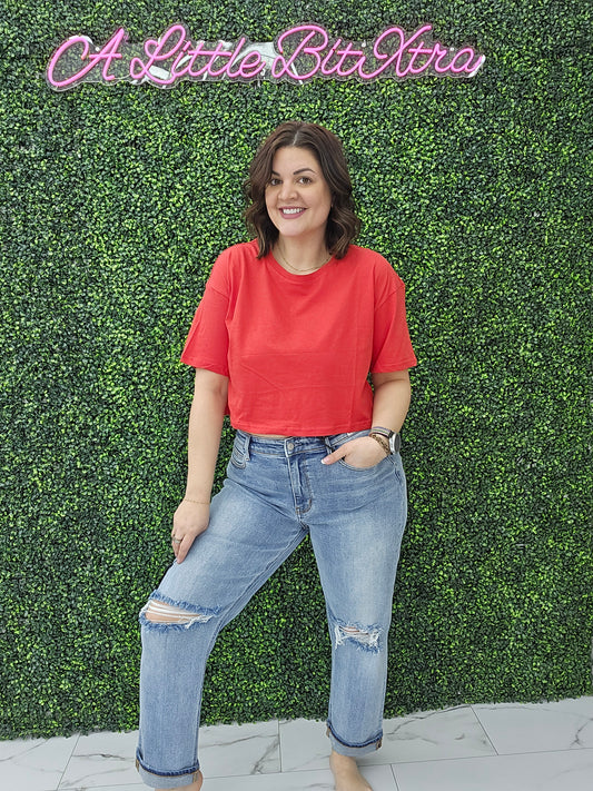Crew Neck Oversized Crop Tee Red