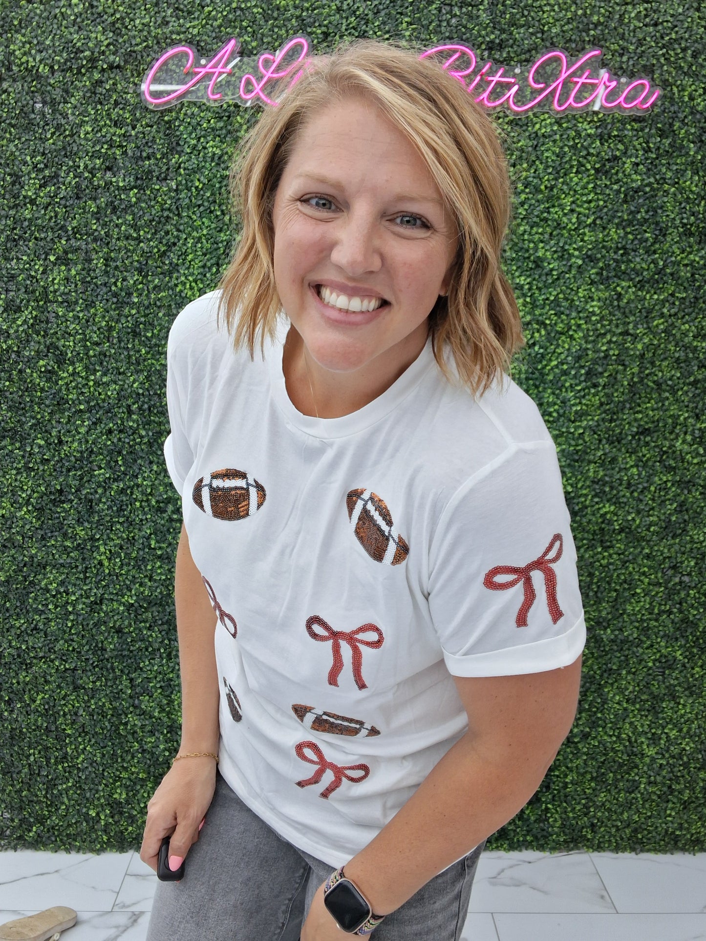 Sequins Game Day Round Neck Short Sleeve Top : White