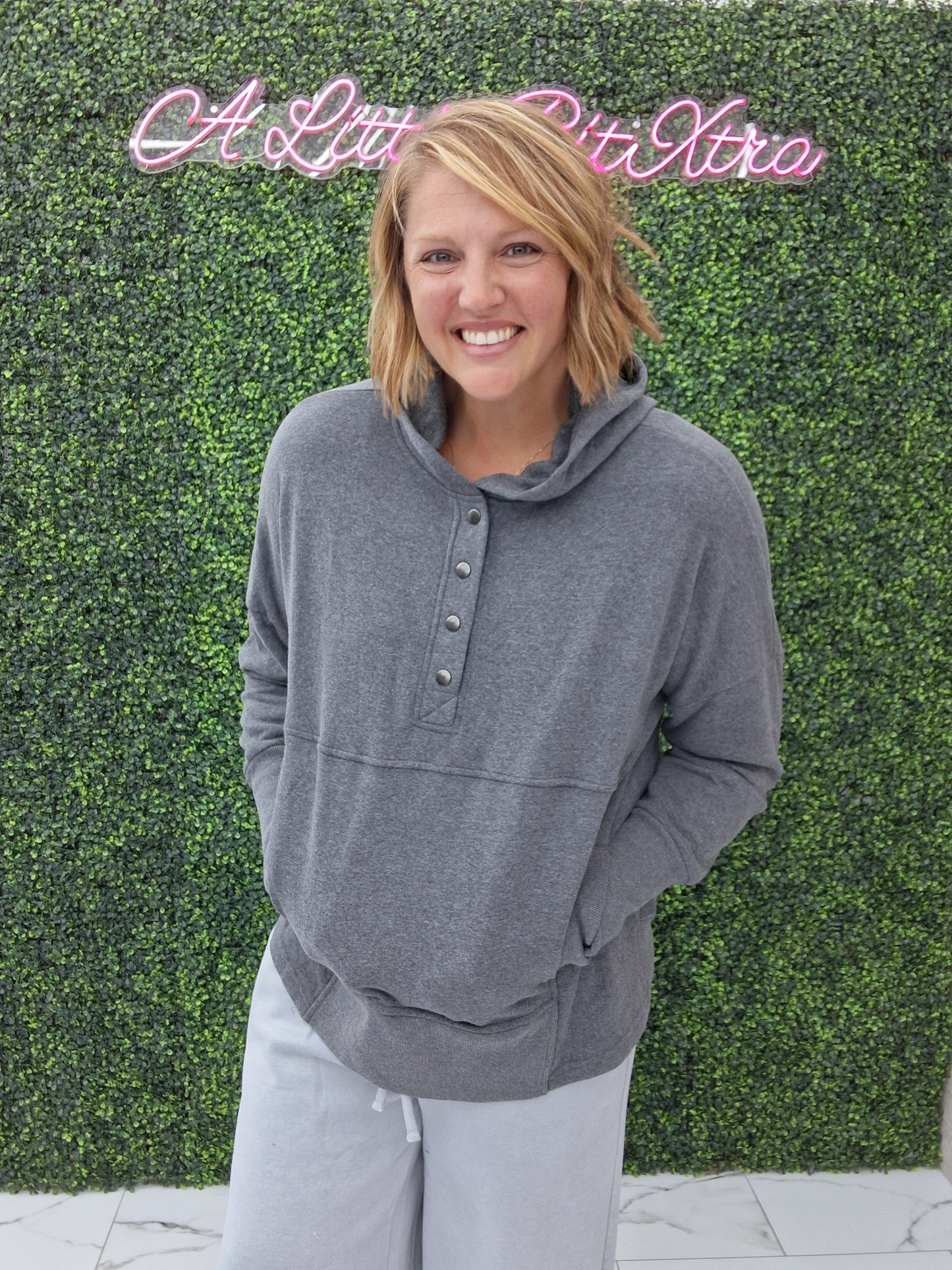 Fleece Half Snap Button Hoodie- Charcoal