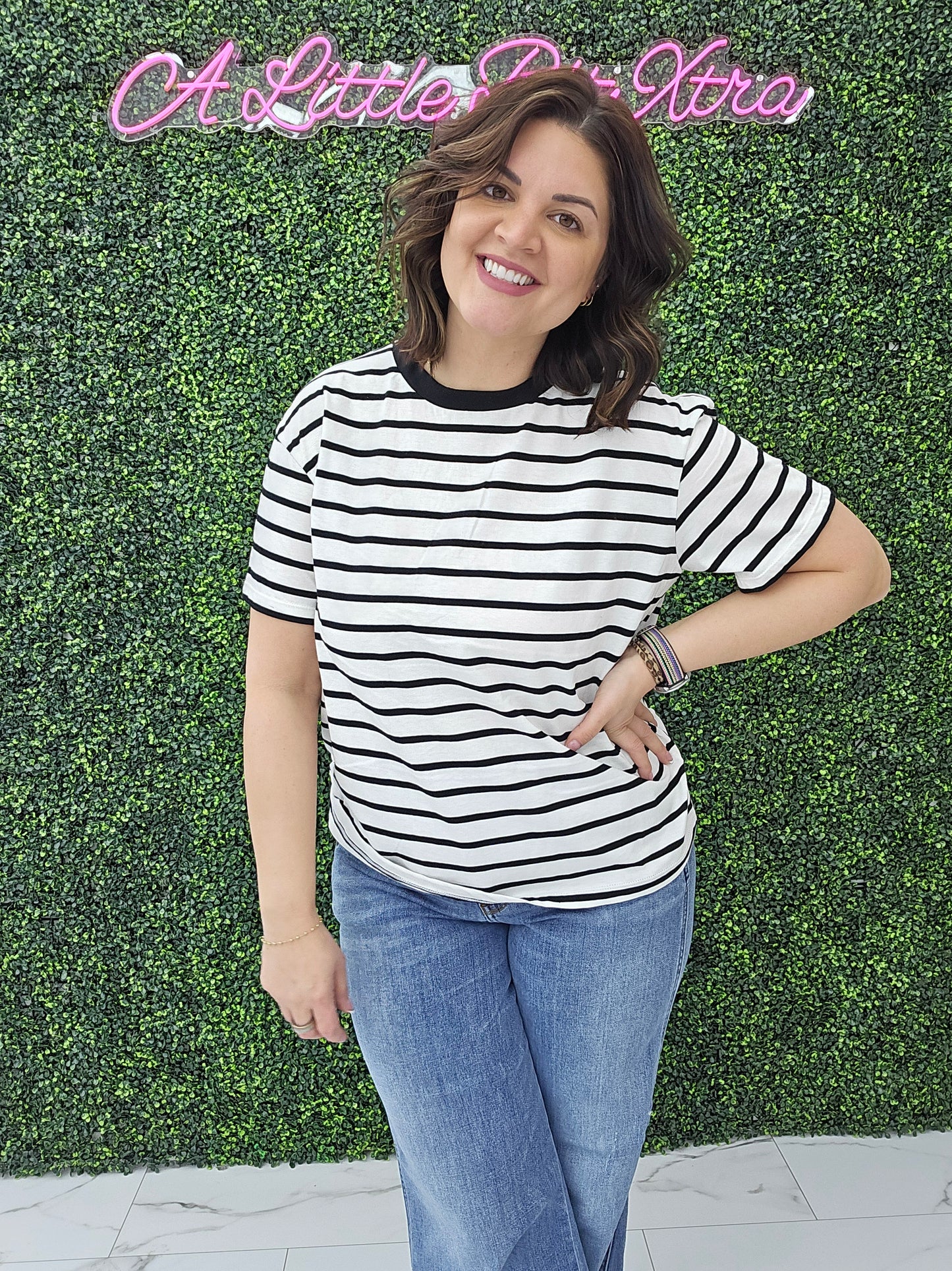 Short Sleeve Stripe Oversized Tee Black