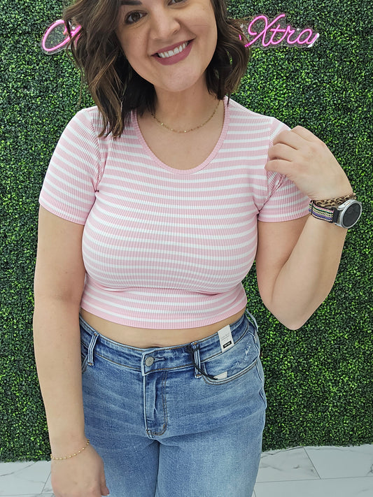 Crew Neck Stripe Seamless Rib Tee Blush