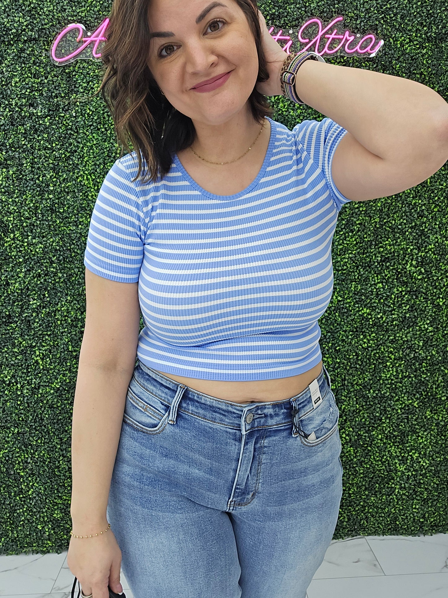 Crew Neck Stripe Seamless Rib Tee Blue