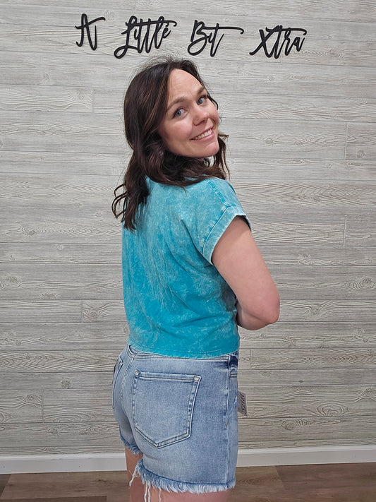 TEAL CUFFED SLEEVE CROP TOP