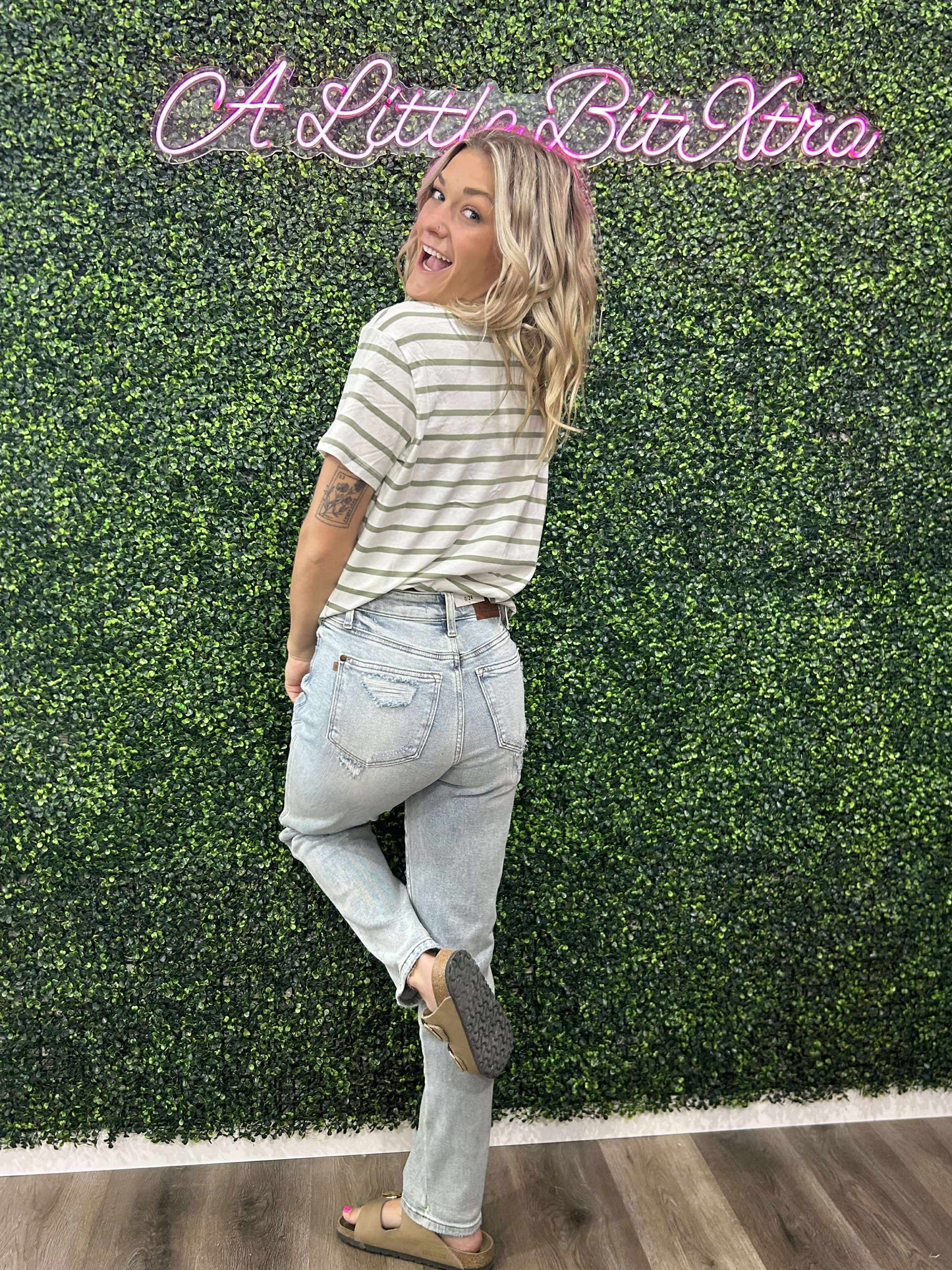 Short Sleeve Crew Neck Sage Stripe Oversize T-Shirt