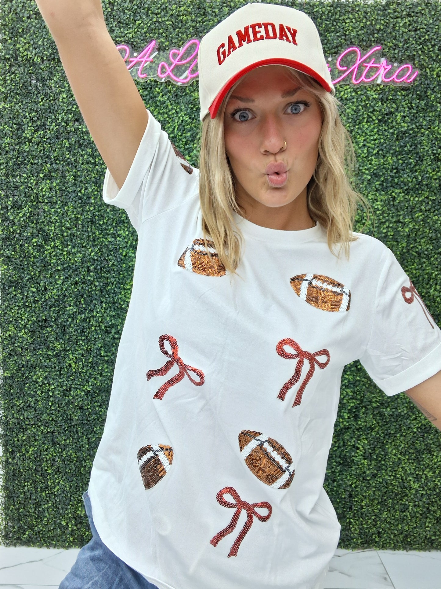 Sequins Game Day Round Neck Short Sleeve Top : White