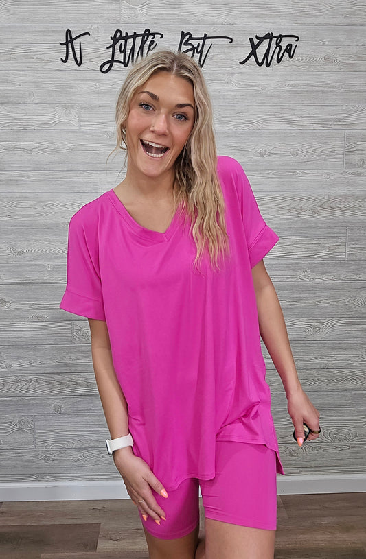 NEON PINK MICROFIBER V-NECK TOP & BIKER SHORTS