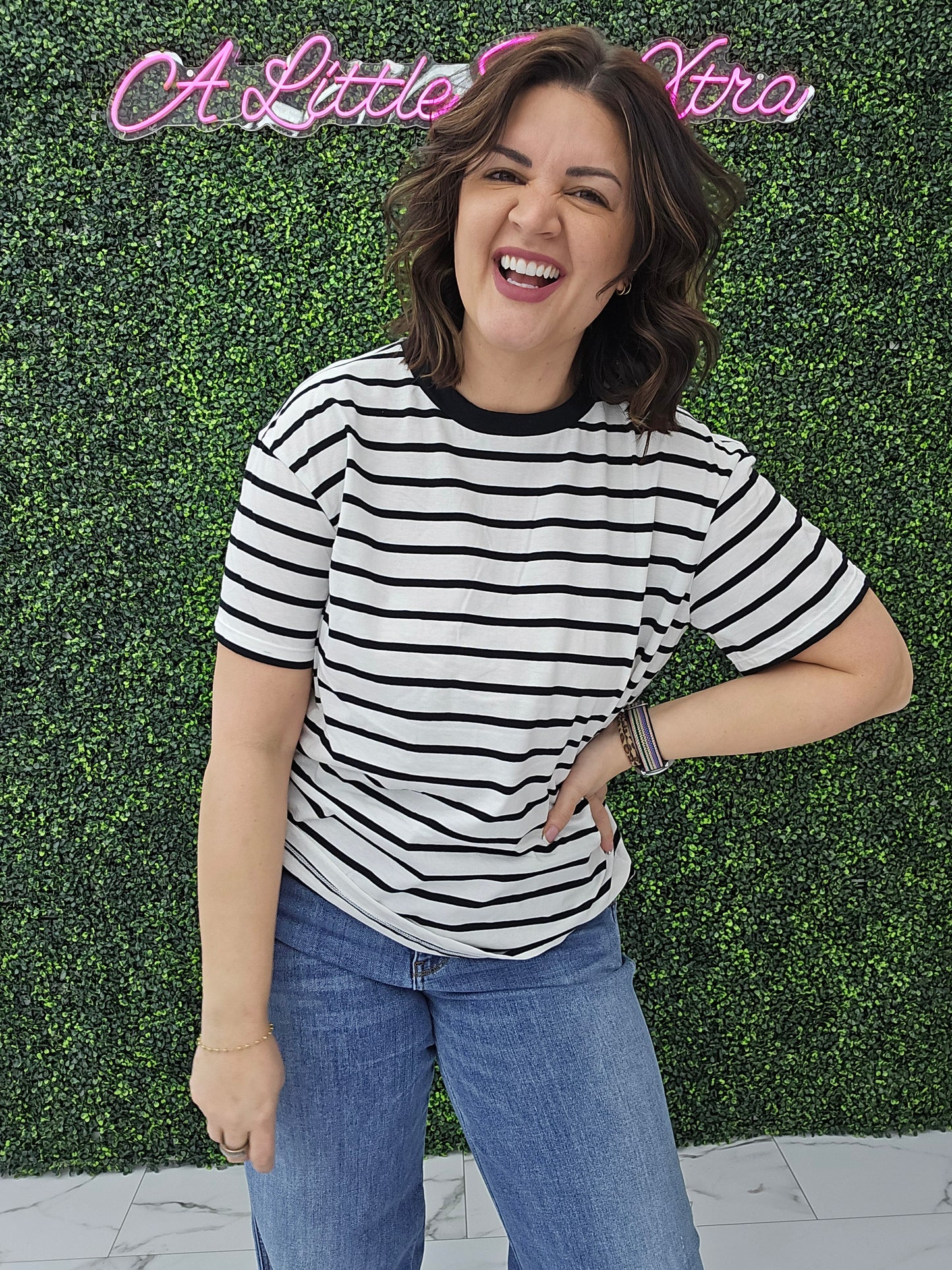 Short Sleeve Stripe Oversized Tee Black
