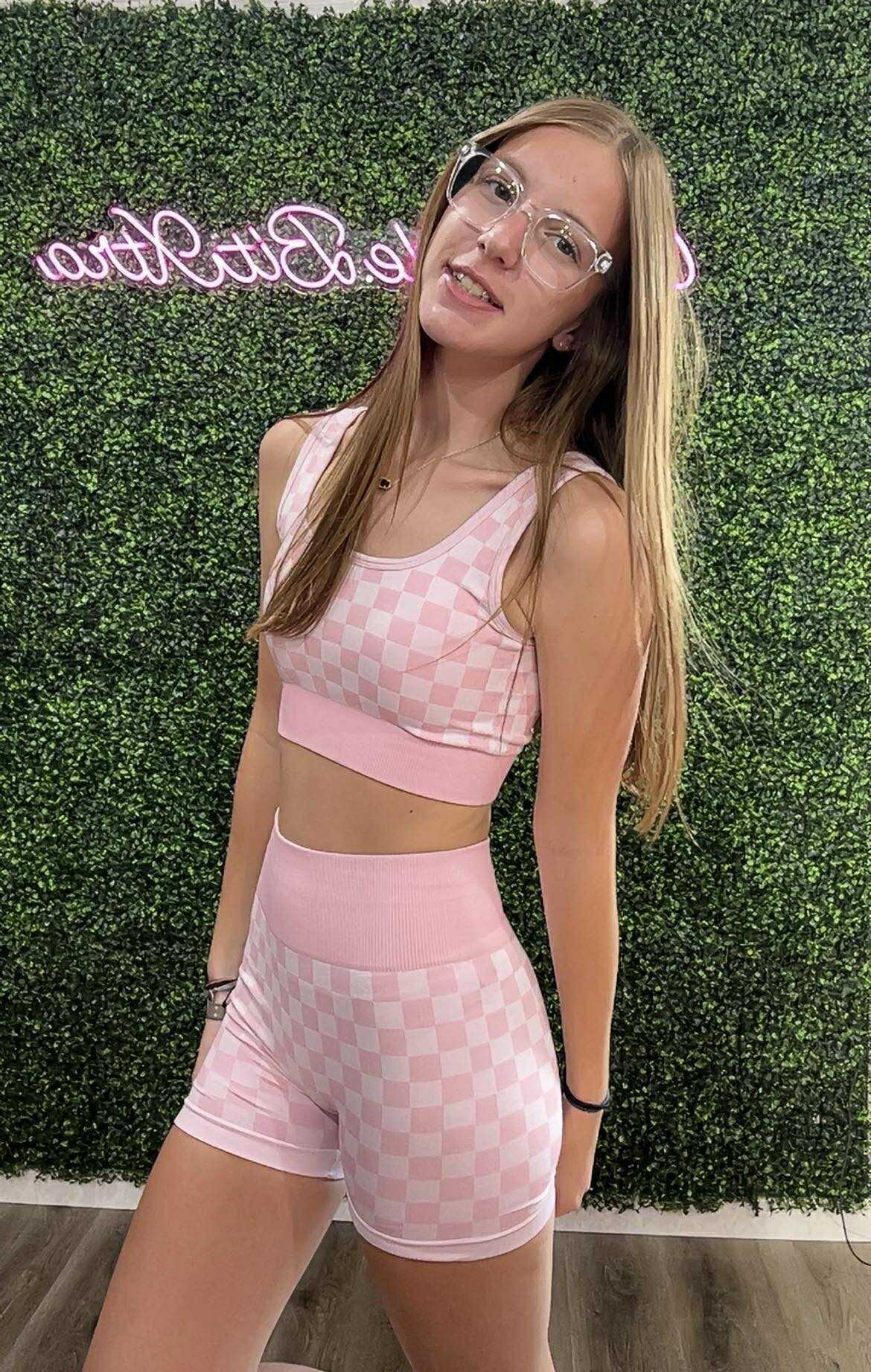 CHECKER BRA & BIKER SHORTS SET PINK & WHITE