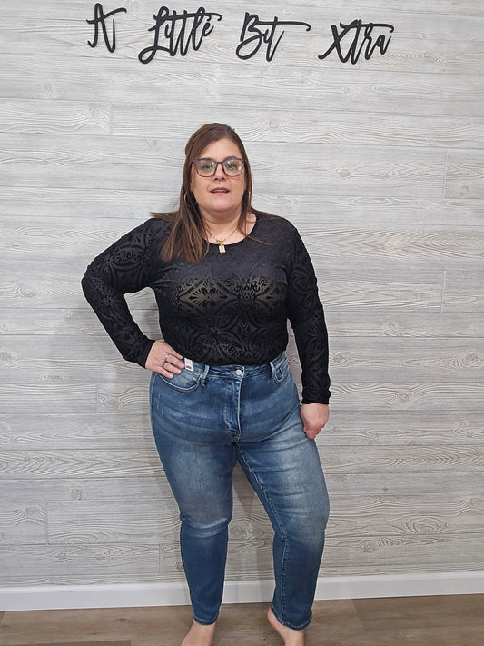 BLACK MESH & VELVET BODYSUIT