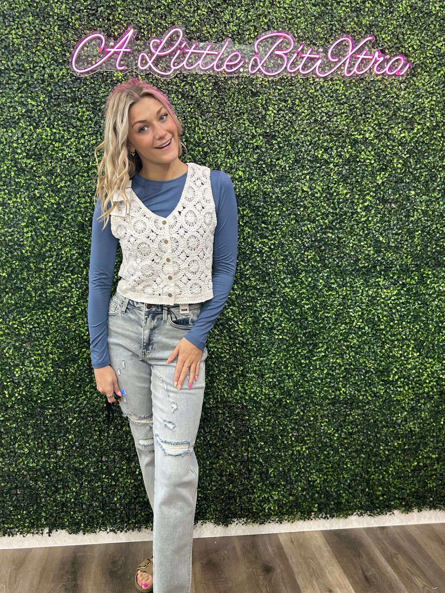 White V-Neck Crochet Vest