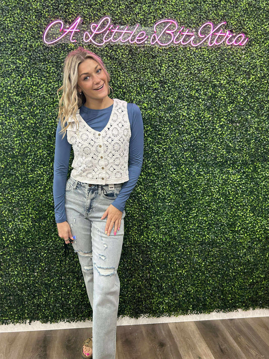White V-Neck Crochet Vest