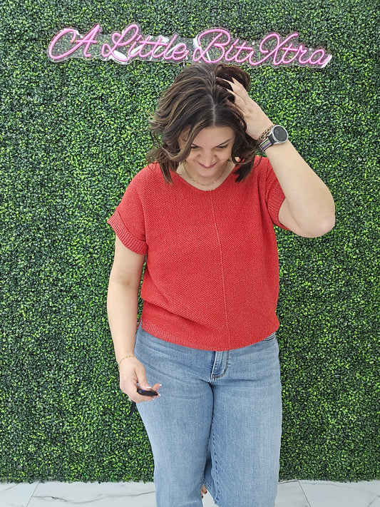 BOXY CHUNKY KNIT SHORT SLEEVE SWEATER RUBY