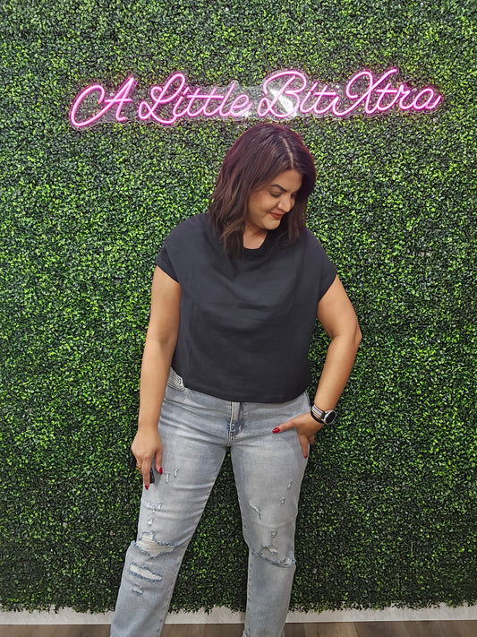 Black Round Neck Folded Short Sleeve Tee