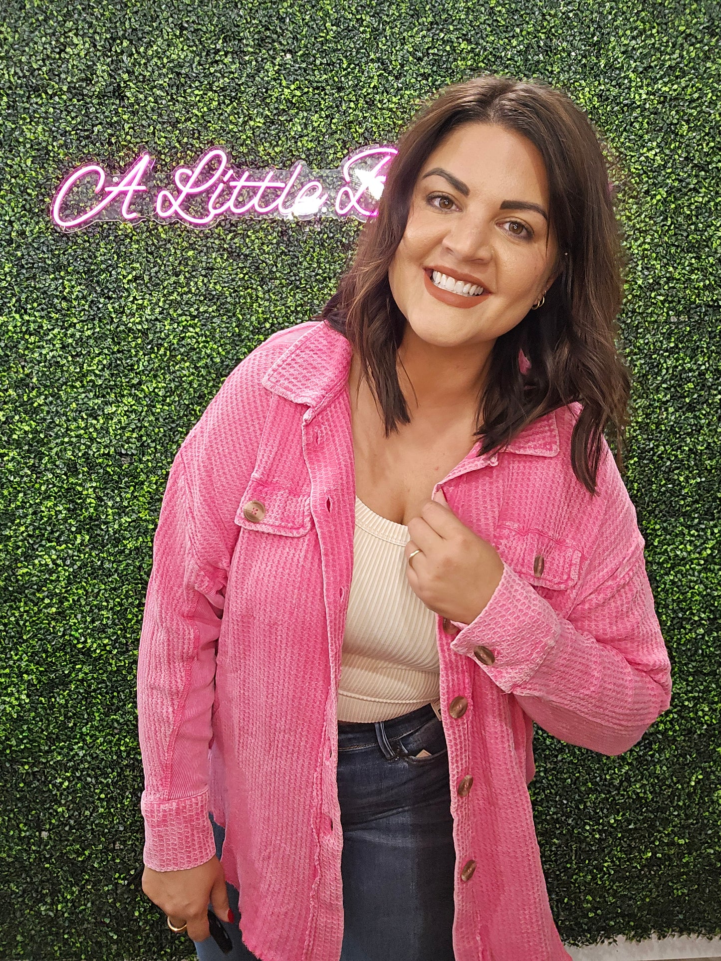 FUCHSIA ACID WASH WAFFLE SHACKET