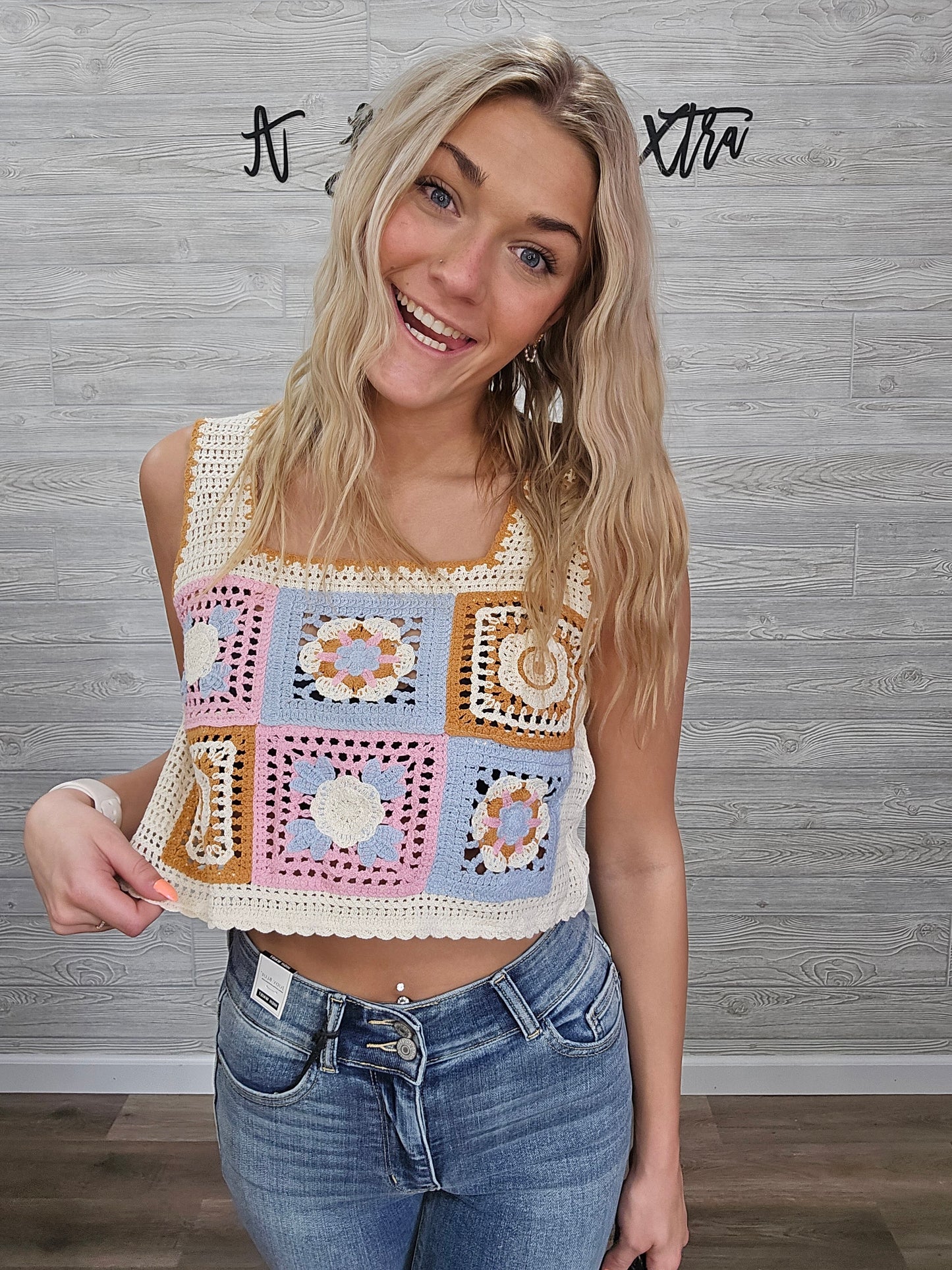 Summer Floral Mosaic Embroidered Crochet Top: Pink Combo