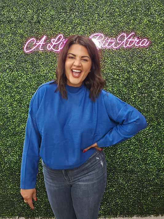 CLASSIC BLUE HIGH NECK DROP SHOULDER SWEATER