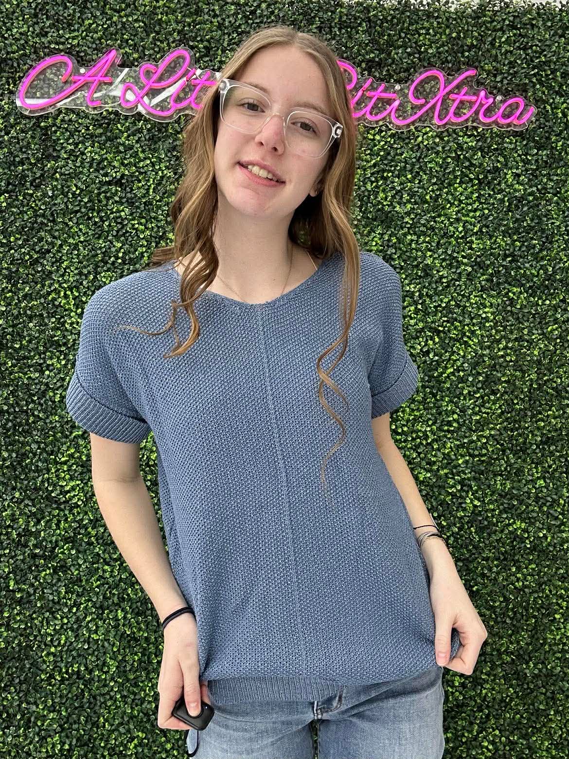 BOXY CHUNKY KNIT SHORT SLEEVE SWEATER DUSTY BLUE