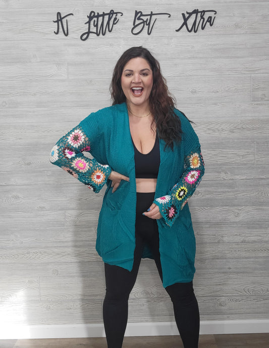TEAL CROCHET SLEEVE CARDIGAN